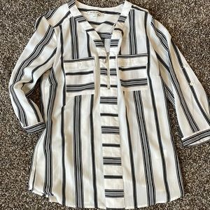 Studio Works sheer white and black stripes 3/4 sleeve blouse.